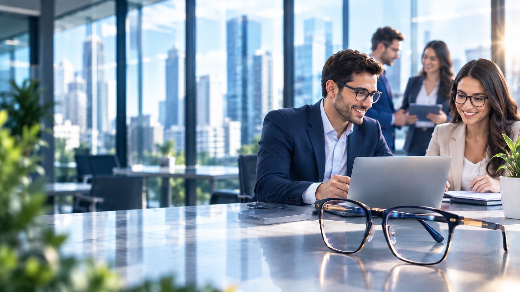 Colaboradores con lentes en una oficina